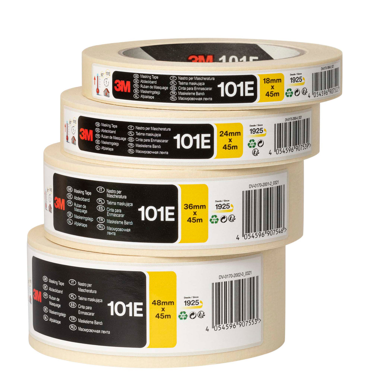 3M™ General Purpose Masking Tape 101E, Roll Labelled, 18 mm x 45 m, 48 ...