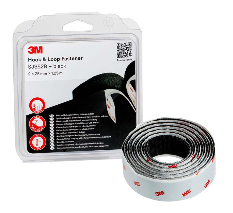 3M Fastener Hook & Loop SJ352Bbk, 25mm x 1.25m